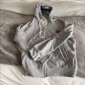 Comme des Garçons PLAY Gray Zip Hoodie with Red Heart Patch